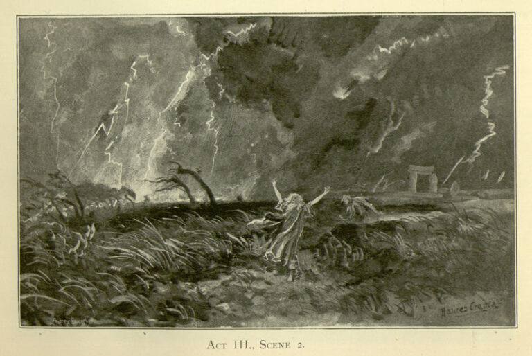 Storm scene in King Lear at the Lyceum Theatre 1892. Promotional brochure, Souvenir illustrated by S Bernard Partridge and Hawes Craven. Detail from Act 3 scene 2.